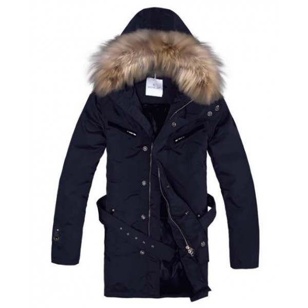 Moncler Fashion Navy blu Fur Cap e cinturino Mid-lungo degli Uomo cappotti di uscita